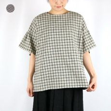 画像1: nachukara 綿麻ストライプ/チェックギャザー袖プルオーバー2色 (1)