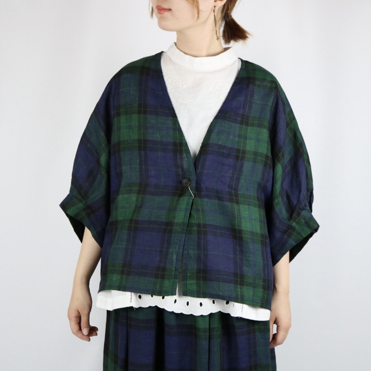画像1: 30%OFF SALE!  blue willow リネン平織りシングルガーゼハオリ チェック (1)