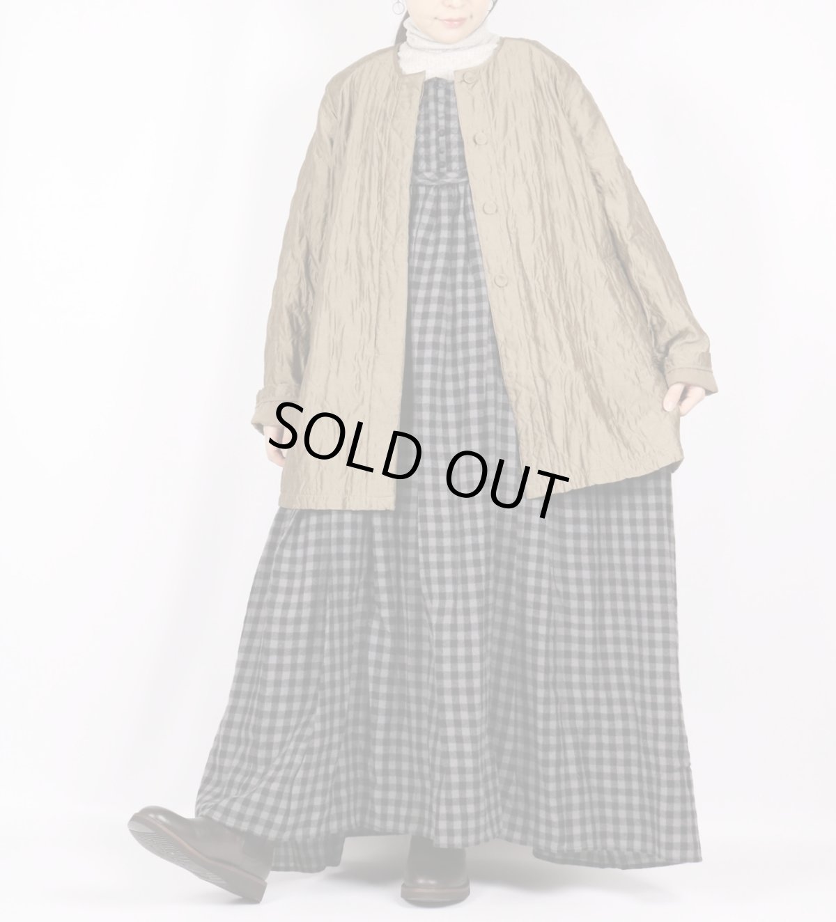 画像11: maison de soil　BOILED WOOL GINGHAM CHECK RAJASTHAN TUCK GATHERED NO/SL QUILTING DRESS (11)