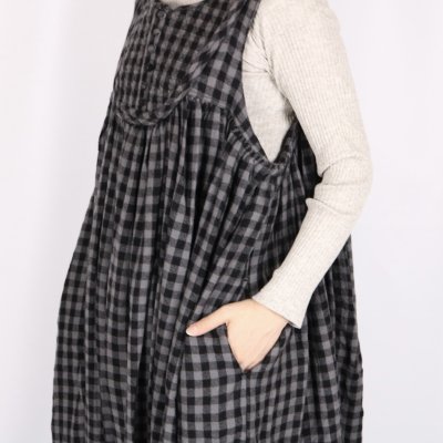 画像3: maison de soil　BOILED WOOL GINGHAM CHECK RAJASTHAN TUCK GATHERED NO/SL QUILTING DRESS