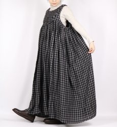 画像3: maison de soil　BOILED WOOL GINGHAM CHECK RAJASTHAN TUCK GATHERED NO/SL QUILTING DRESS (3)