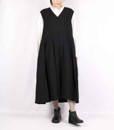 画像3: SOIL COTTON WOOL TWILL WEAVE PLAIN V-NECK PLEATS NO/SL DRESS