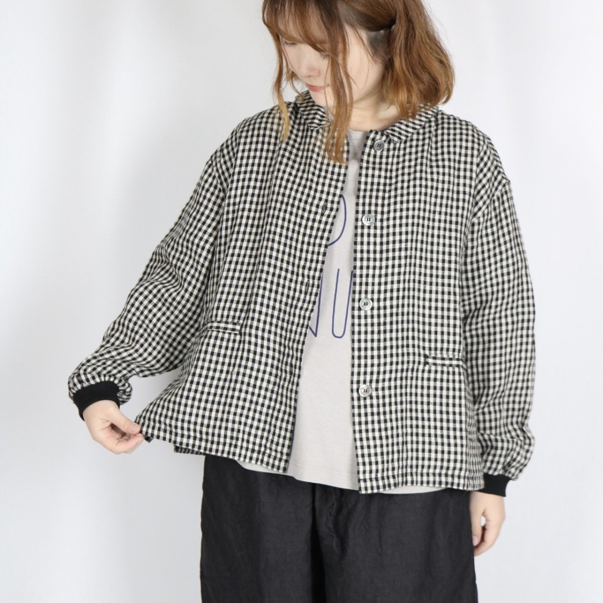 画像1: nachukara　リネンチェック リブ袖ジャケット  gingham (1)