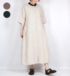 画像1: blue willow リネン平織り衿配色タックワンピース 3色 (1)
