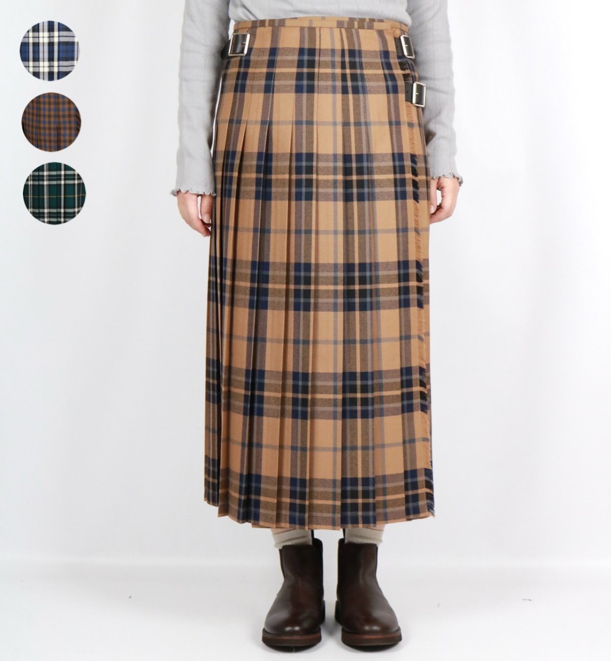 画像1:  O'NEIL OF DUBLIN WORSTED WOOL LOW WAIST PLEATS WRAP SKIRT LENGTH 80cm (WITH PIN) 4色 (1)