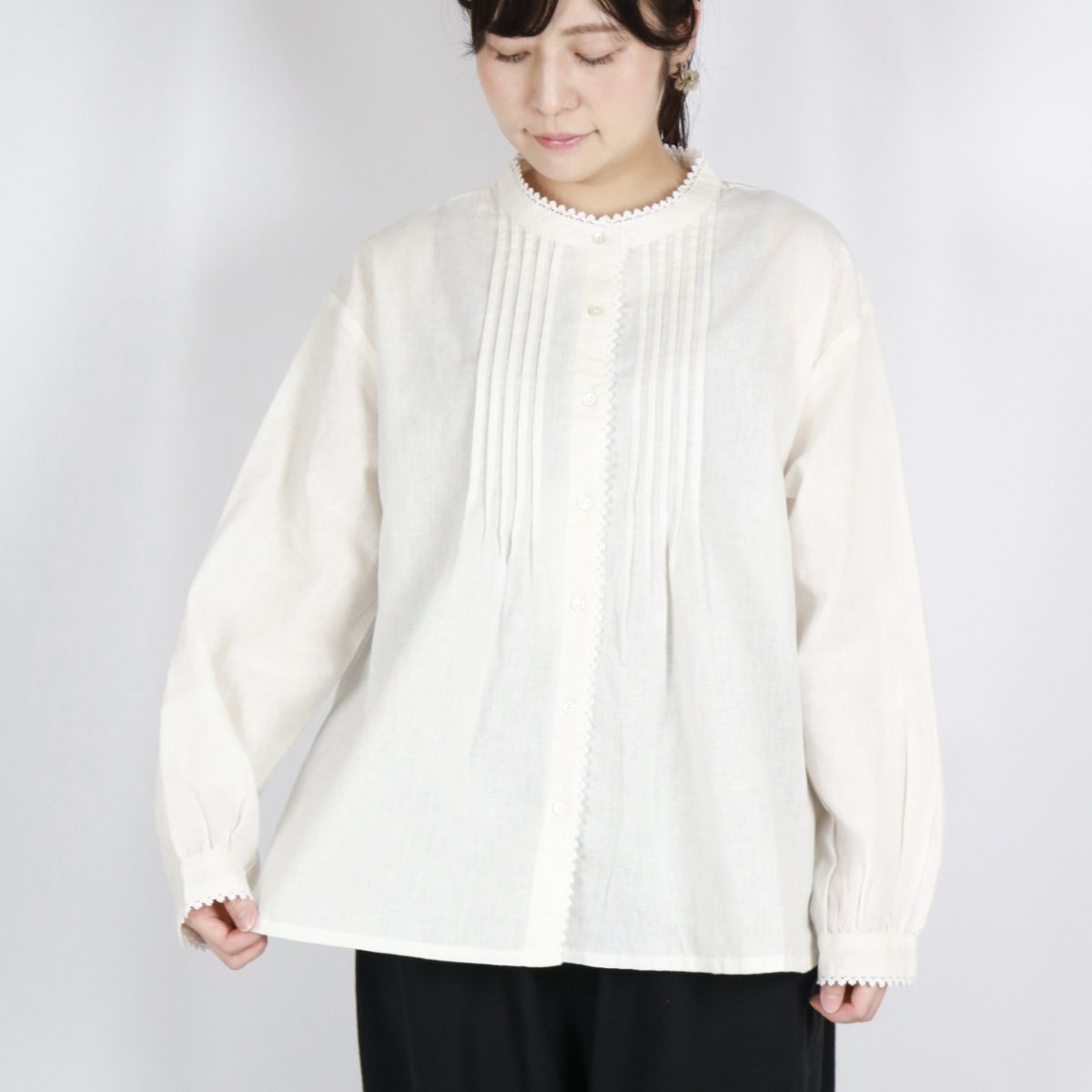 画像16: bluewillow コットンリネン平織り無地・千鳥 ピコレース ピンタックブラウス 2色 (16)