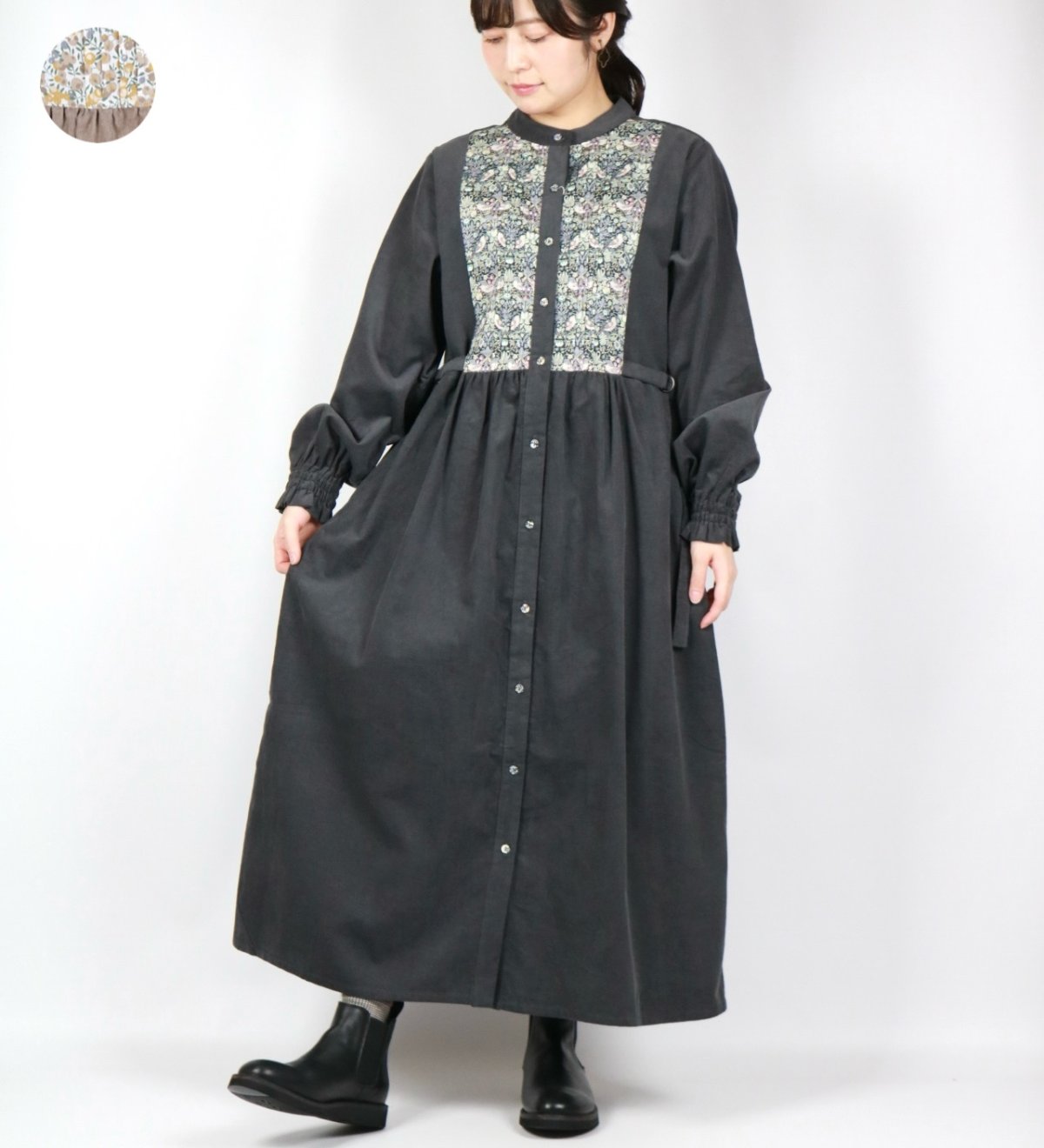 画像1: sosotto　細コール×LIBERTY ビブヨーク ワンピース　2色 (1)