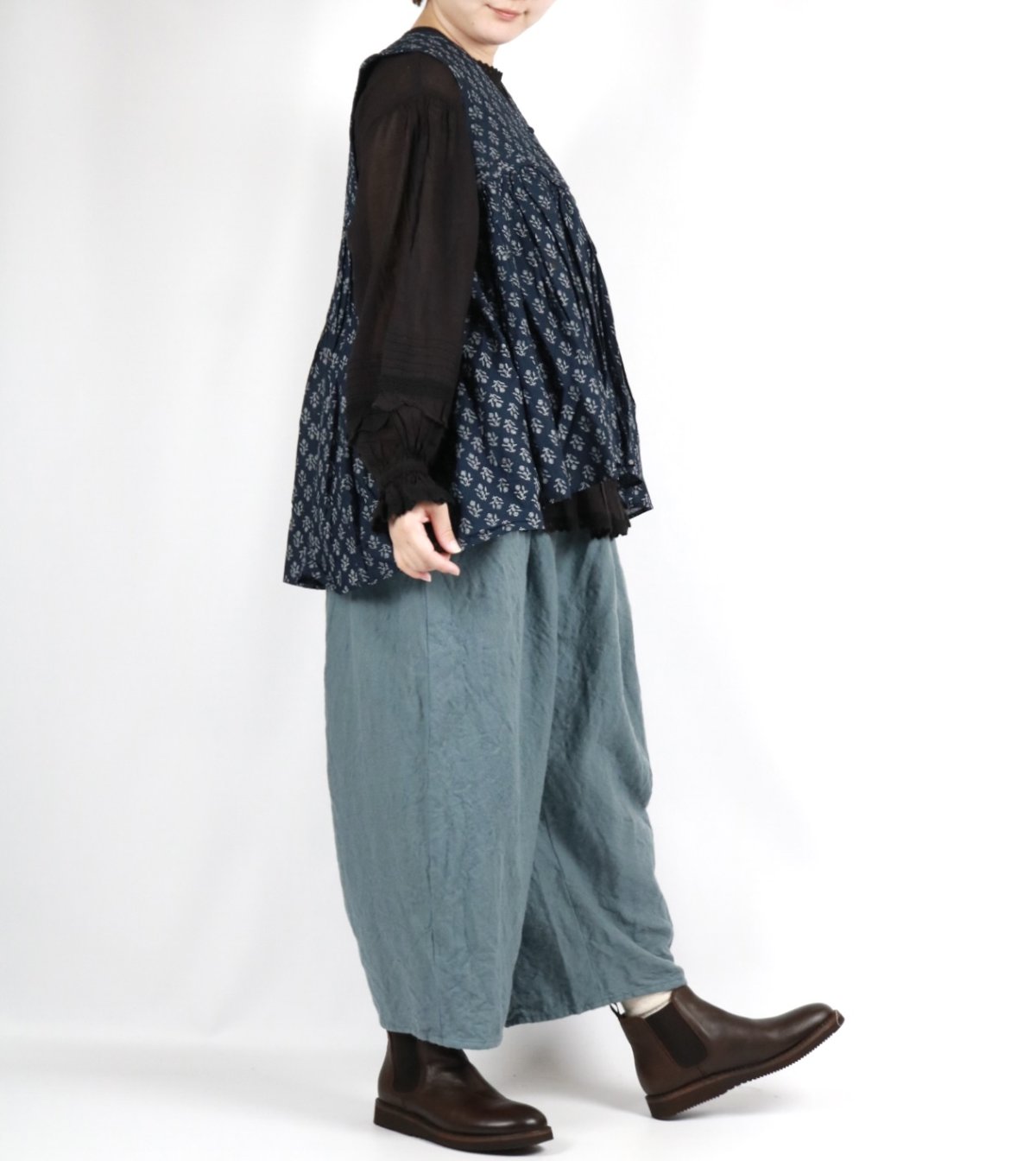 画像16: maison de soil 80s COTTON VOILE FLOWER BLOCK PRINT RAJASTHAN TUCK GATHERED V-NECK NO/SL SHIRT 2色 (16)
