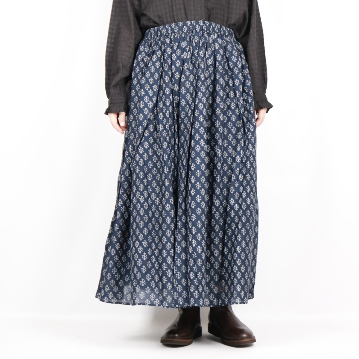 画像20: maison de soil  80s COTTON VOILE FLOWER BLOCK PRINT RAJASTAN TUCK GATHERED SKIRT WITH LINING 2色 2サイズ (20)