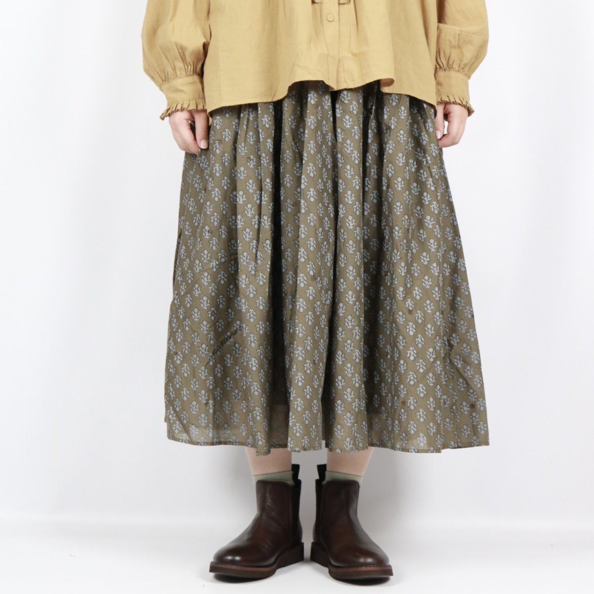 画像28: maison de soil  80s COTTON VOILE FLOWER BLOCK PRINT RAJASTAN TUCK GATHERED SKIRT WITH LINING 2色 2サイズ (28)