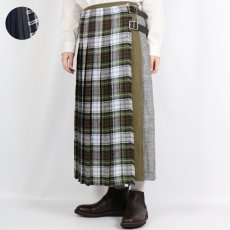 画像1: O'NEIL OF DUBLIN　IRISH LINEN PATCHWORK LOW WAIST PLEATS WRAP SKIRT LENGTH 80cm (WITH PIN)　2色 (1)