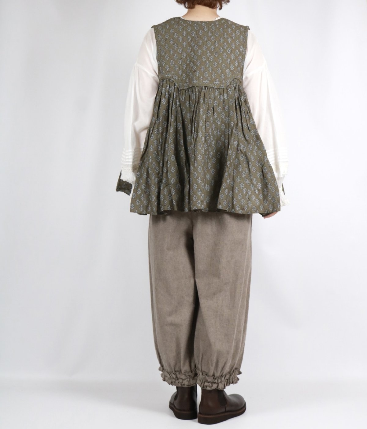 画像8: maison de soil 80s COTTON VOILE FLOWER BLOCK PRINT RAJASTHAN TUCK GATHERED V-NECK NO/SL SHIRT 2色 (8)
