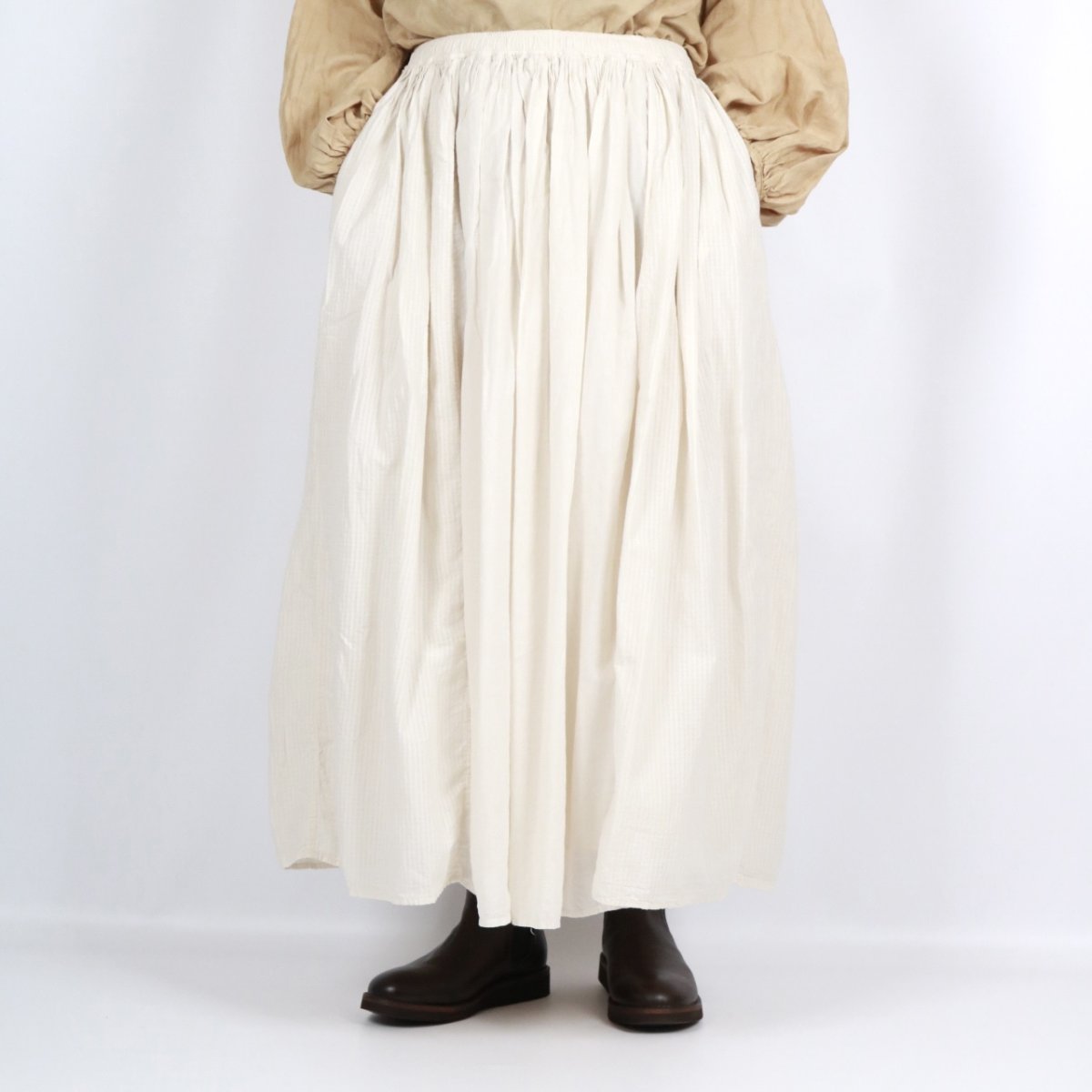 画像1: maison de soil 80s ORGANIC COTTON SMALL CHECK&VOILE PLAIN(OVER DYE) RAJASTAN TUCK GATHERED SKIRT (1)
