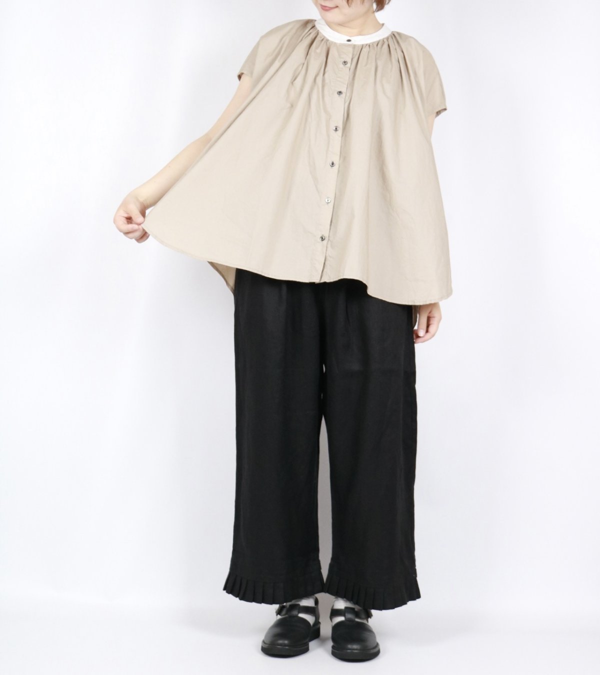 画像5: DIARIES　タイプライターコットン バイカラー フレンチスリーブ ギャザーブラウス　2色 (5)