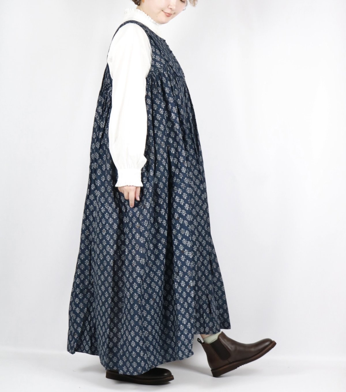 画像26: maison de soil  80s COTTON VOILE FLOWER BLOCK PRINT RAJASTHAN TUCK GATHERED NO/SL QUILTING DRESS 2色 2サイズ (26)