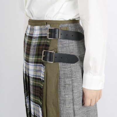 画像1: O'NEIL OF DUBLIN　IRISH LINEN PATCHWORK LOW WAIST PLEATS WRAP SKIRT LENGTH 80cm (WITH PIN)　2色