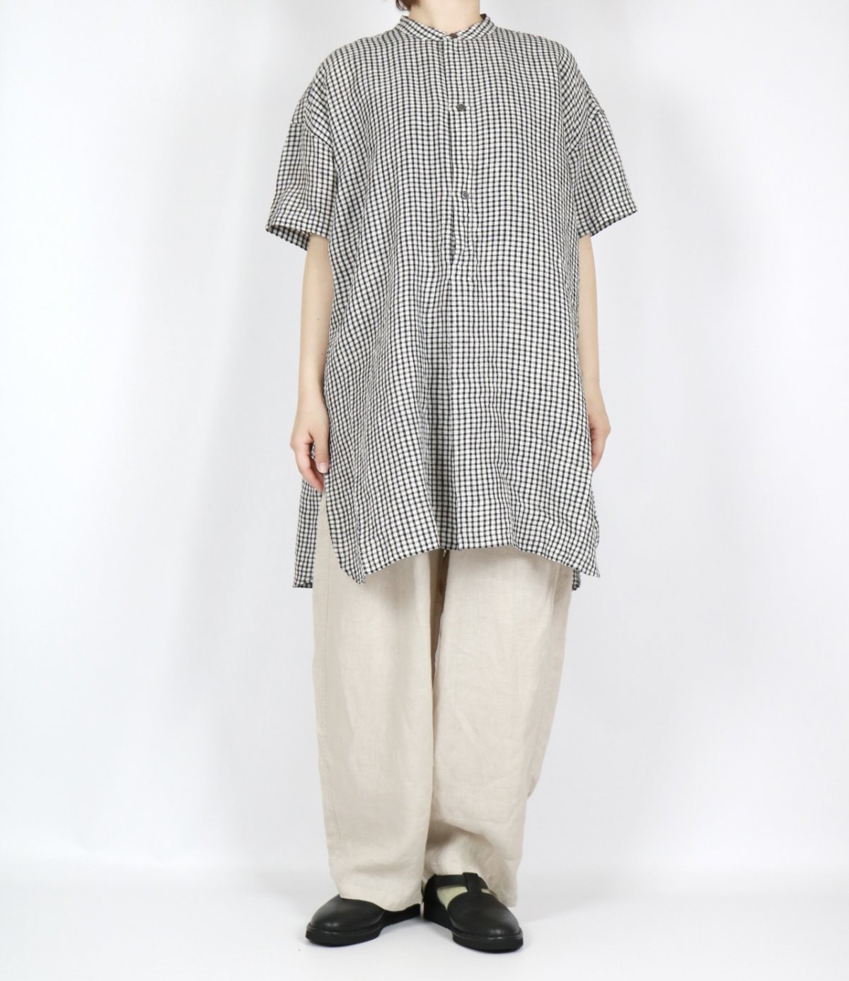 画像5: SOIL  60s LINEN CHECK BANDED COLLAR 3/4SL TUNIC (5)