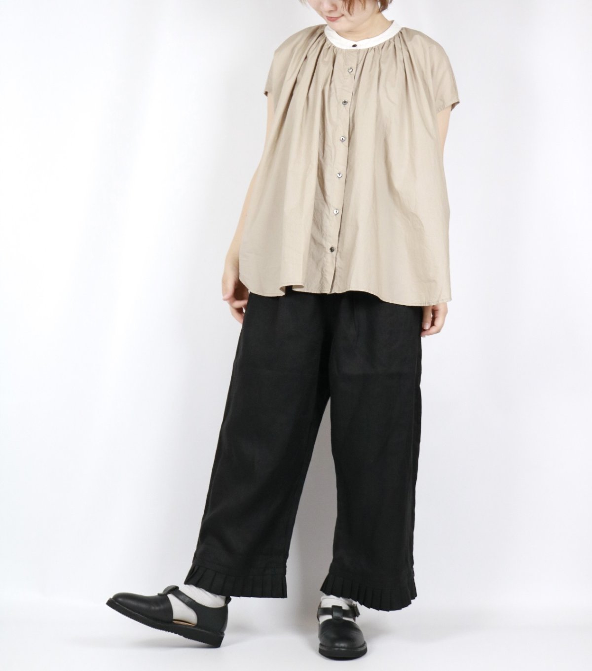 画像6: DIARIES　タイプライターコットン バイカラー フレンチスリーブ ギャザーブラウス　2色 (6)