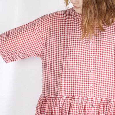 画像3: maison de soil HANDWOVEN COTTON/SILK GINGHAM CHECK REGULAR COLLAR DRESS WITH RAJASTHAN TUCK GATHERER 2色