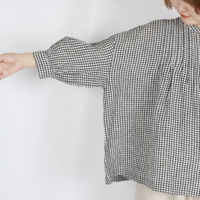 画像1: SOIL  60s LINEN CHECK BANDED COLLAR 3/4SL PINTUCK SHIRT