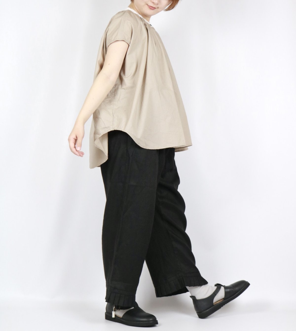 画像7: DIARIES　タイプライターコットン バイカラー フレンチスリーブ ギャザーブラウス　2色 (7)