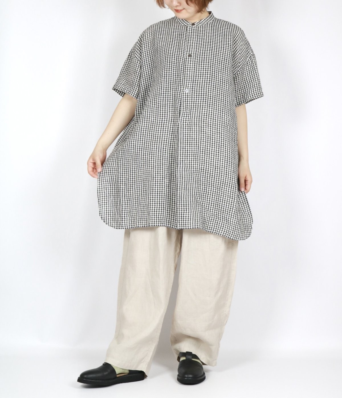 画像4: SOIL  60s LINEN CHECK BANDED COLLAR 3/4SL TUNIC (4)