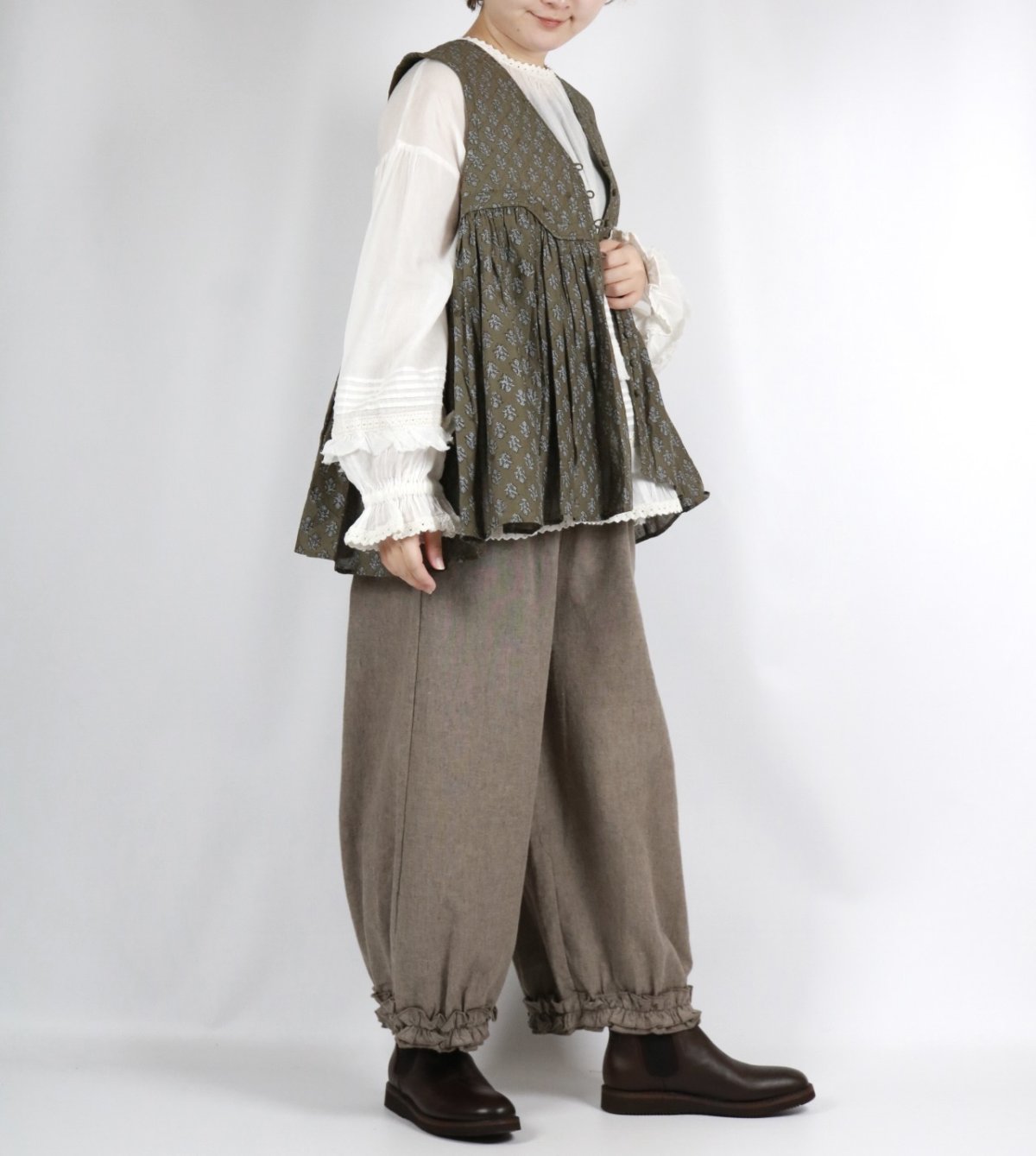 画像7: maison de soil 80s COTTON VOILE FLOWER BLOCK PRINT RAJASTHAN TUCK GATHERED V-NECK NO/SL SHIRT 2色 (7)