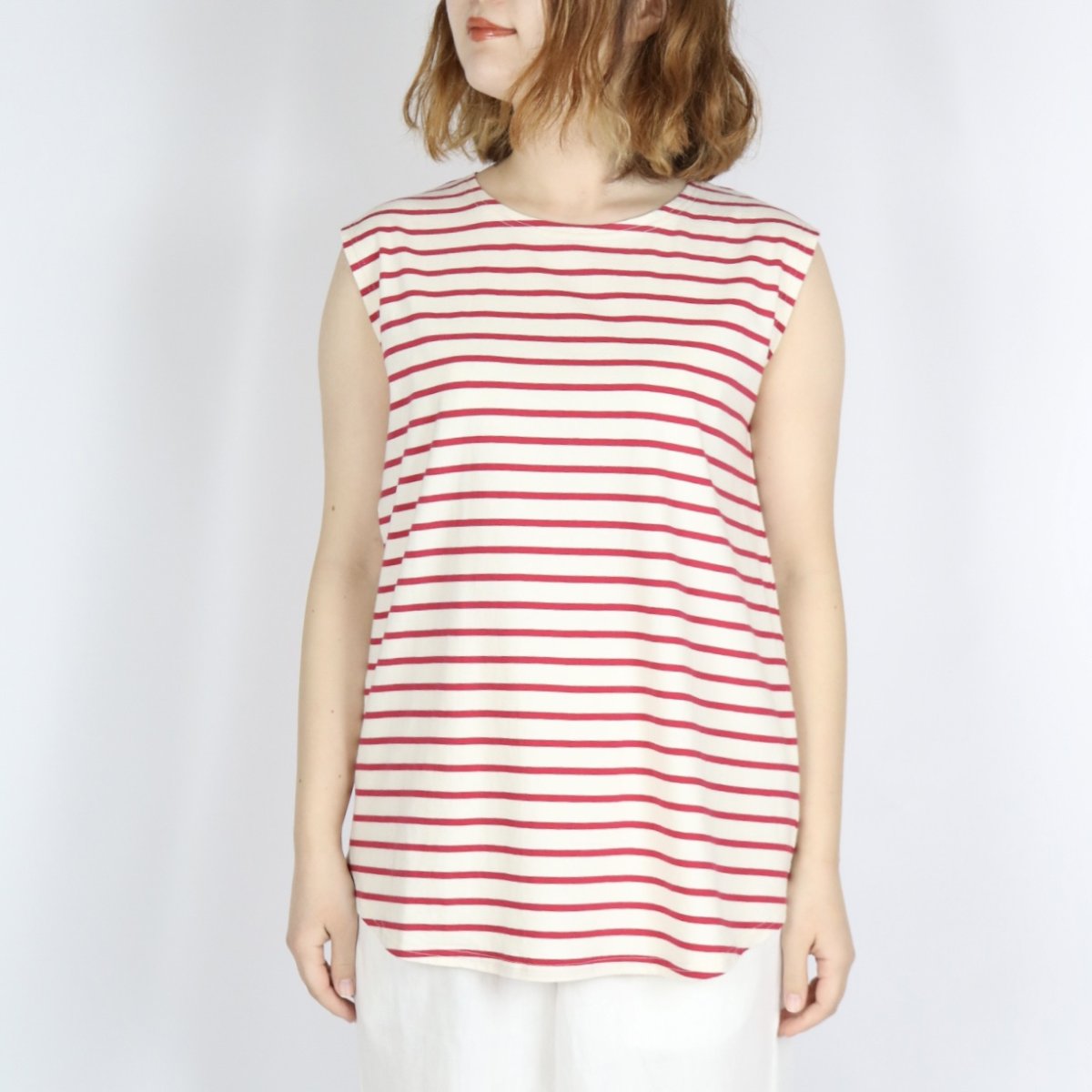 画像13: tumugu: スープレコットンボーダー天竺　裾ラウンドタンクトップ 2色 (13)