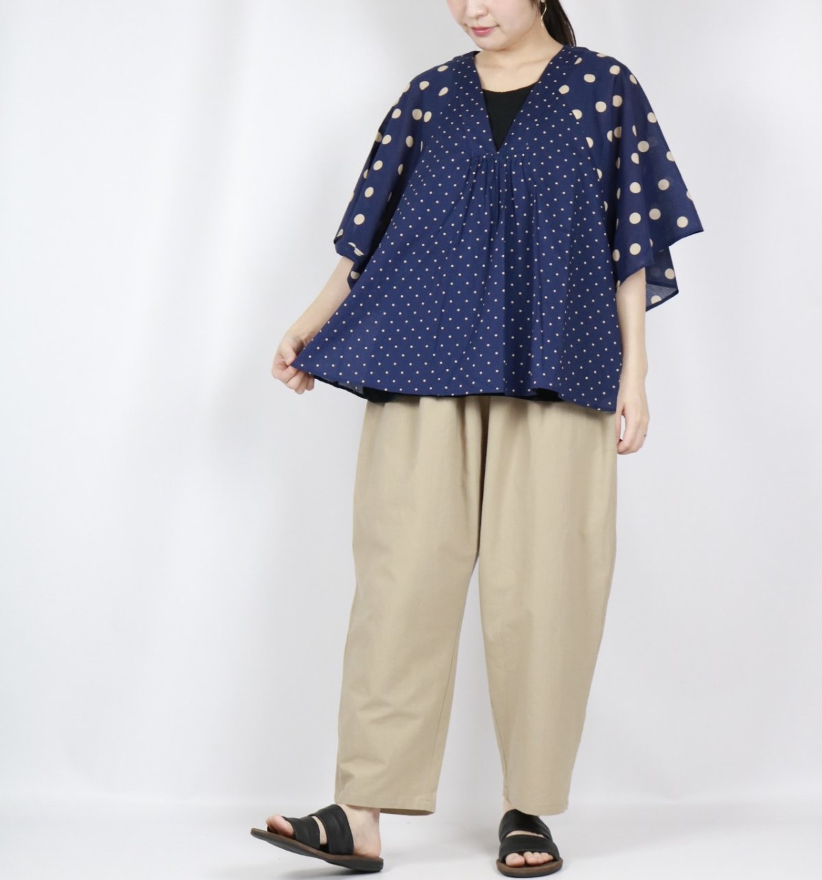 画像15: SOIL  VOILE DOT PRINT(PATCHWORK) V-NECK FRARED SLEEVE PULLOVER  2色 (15)