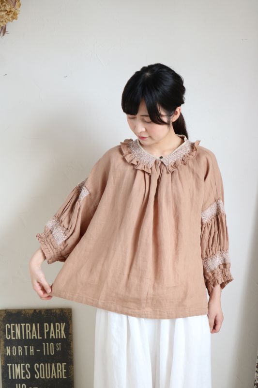 画像1: tukuroi ツクロイ 綿麻ｘリネンカルゼレース衿7分袖ブラウス  3色
