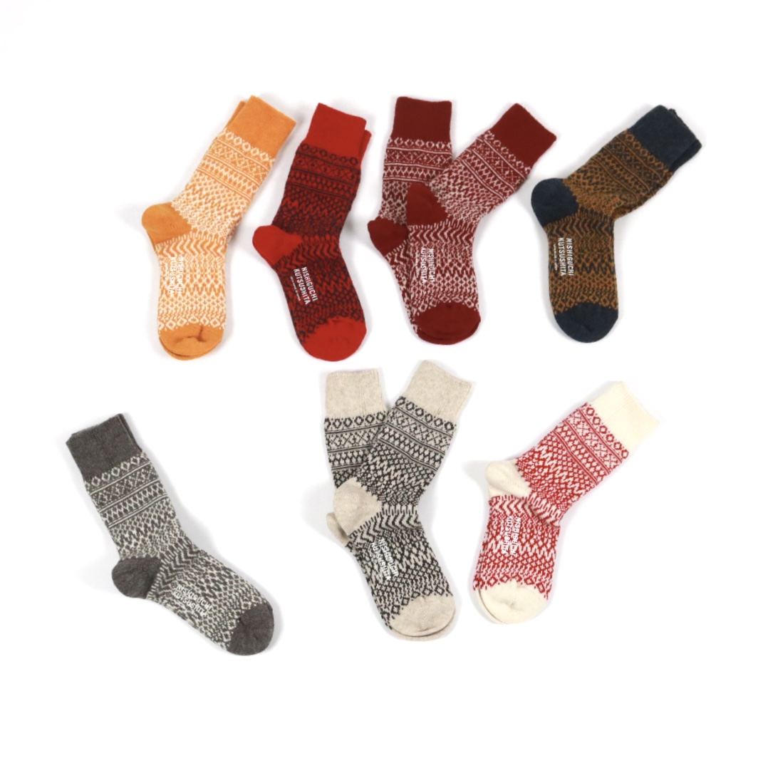 NISHIGUCHI KUTSUSHITA ウールジャガードソックス 7色 - toritoRu